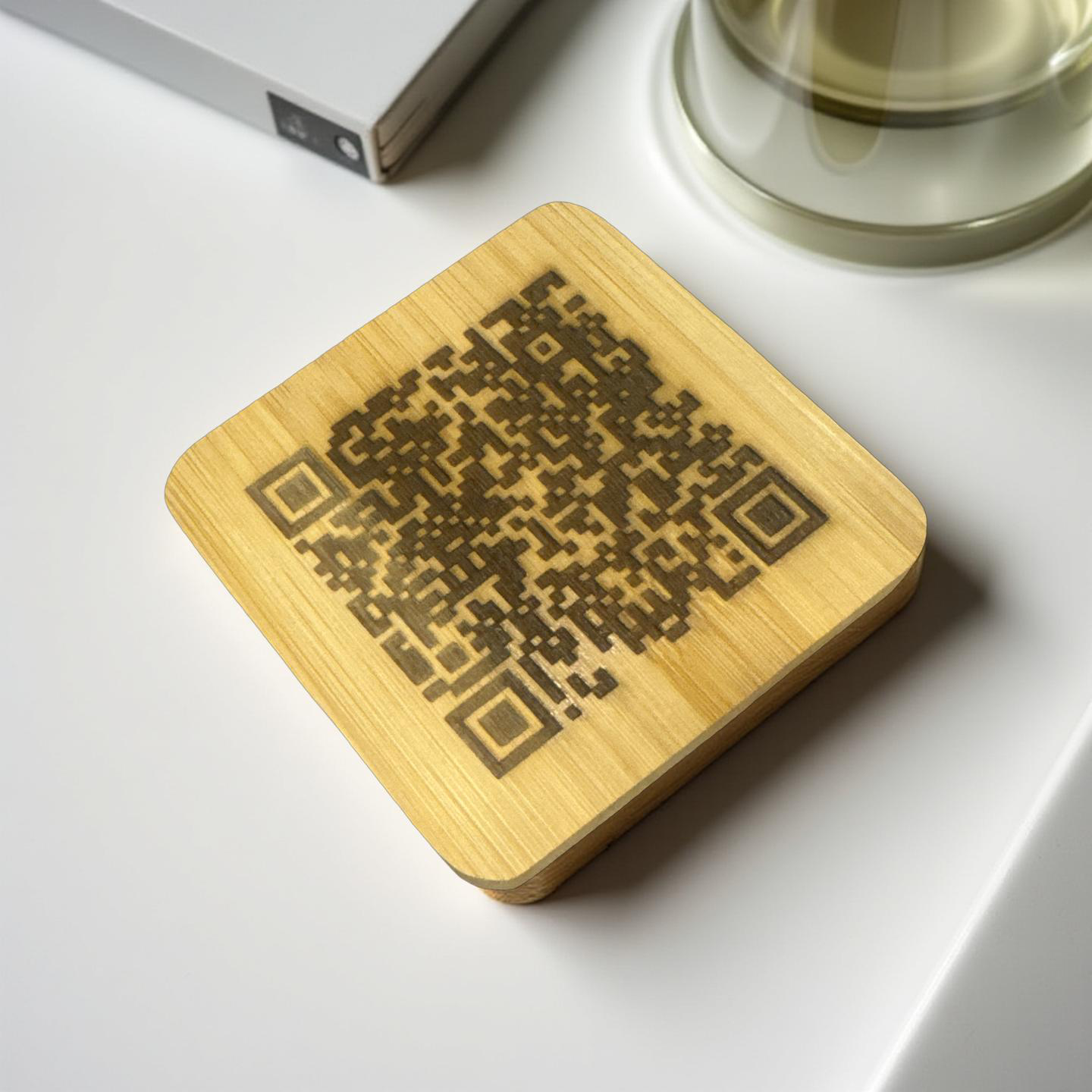F*ck Off Solid Bamboo engraved Coaster. Scan the QRCode to see message